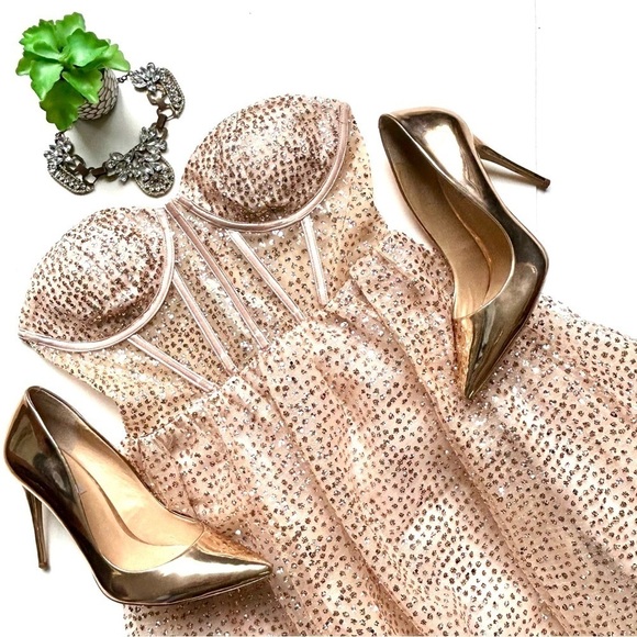 Jules & Cleo Dresses & Skirts - Jules & Cleo Rose Gold Strapless Sequin Corset A-Line Dress Slit Sparkle Glitter